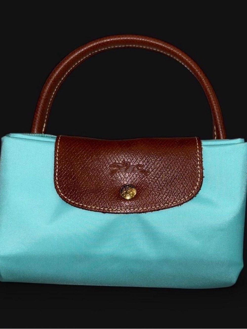 Longchamp Le Pliage Original tote bag in turquoise with brown leather trim. M